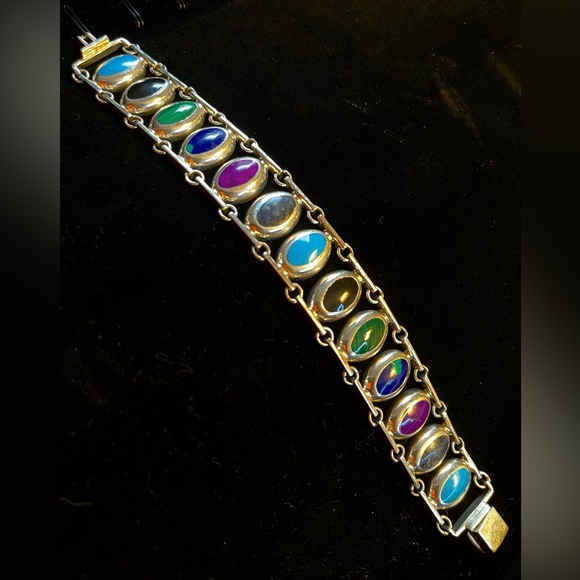 Beautiful 950 Fine Silver Mexico Multi Stone Inlay Link 7.5” Bracelet - Picture 5 of 10